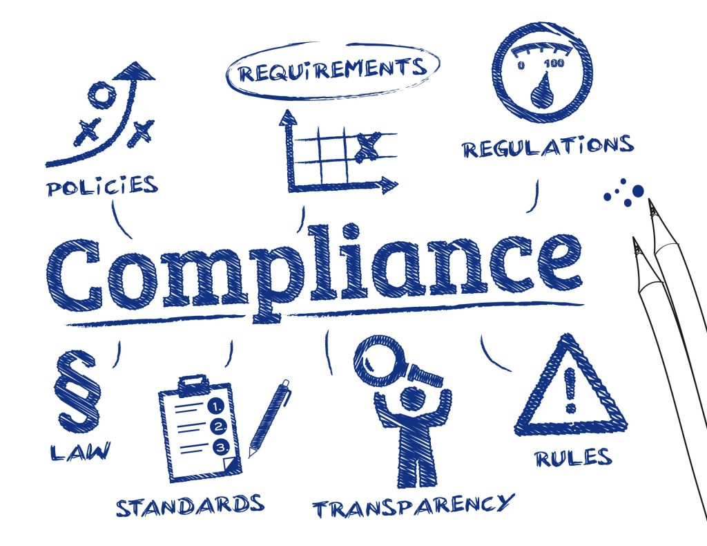 Blue and white illustration depicting "Compliance" with related terms and icons.