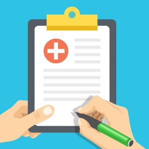 Hands writing on clipboard with red cross, blue background, illustration.