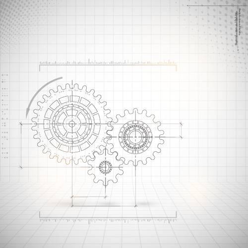 Technical drawing of three interlocking gears on a grid background, grayscale.