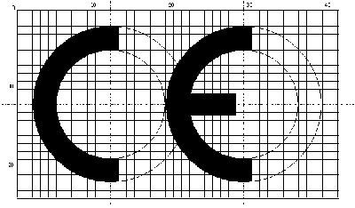 Black "CE" logo on a grid background, illustrating design proportions.