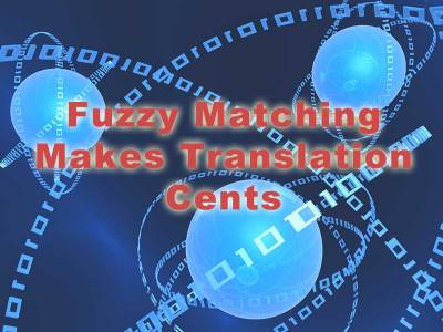 Blue digital spheres with binary code, featuring red text "Fuzzy Matching Makes Translation