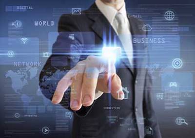 Businessperson touching virtual interface with glowing icons, blue tones, digital illustration.