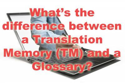 Laptop with arm emerging, red text asks about Translation Memory and Glossary.