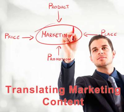 Man writing marketing diagram in red on glass, with "Translating Marketing Content."