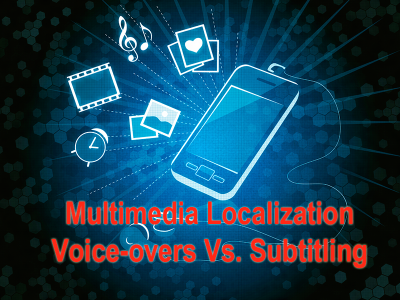 Smartphone illustration with multimedia icons, blue background, red text: "Multimedia Localization Voice-overs Vs.