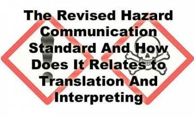 Text overlay on hazard symbols, discussing communication standards, black and red colors.