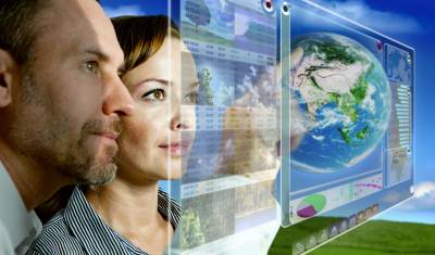 Two people viewing digital screens with earth images, blue sky background.