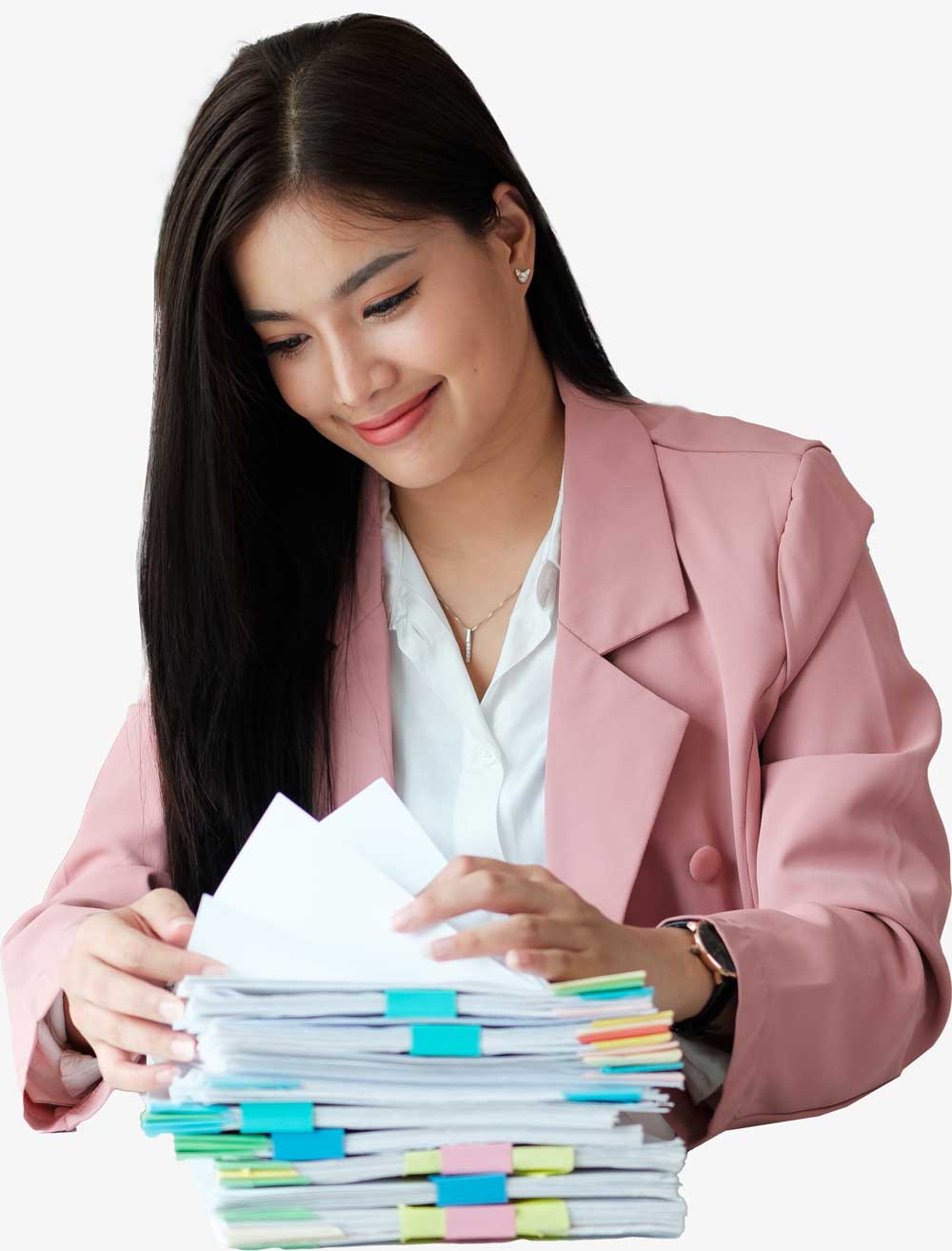 Businesswoman is sifting through stacks of paper files and folders that contain both incomplete and completed documents