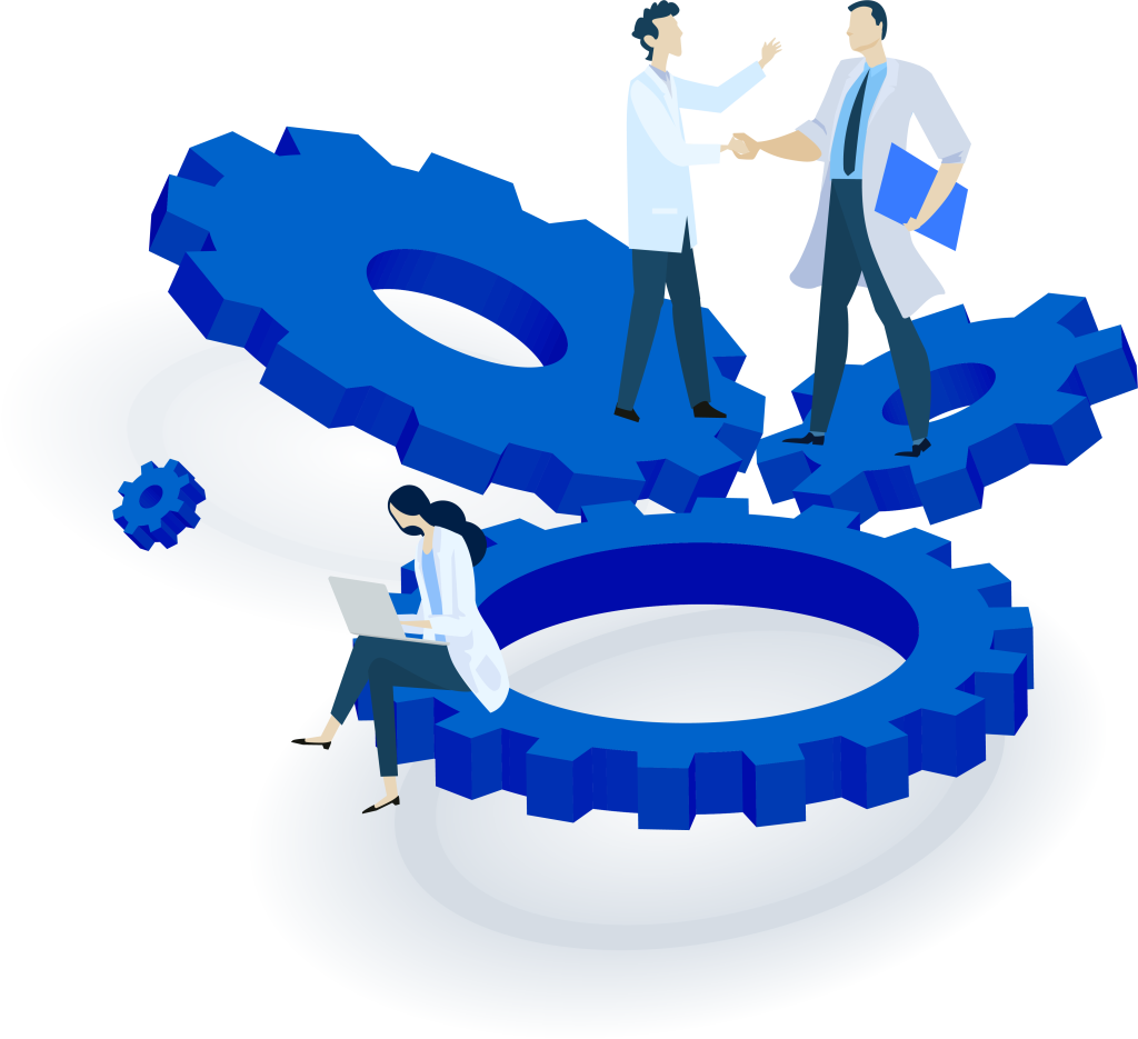 Illustration of professionals on blue gears, shaking hands and working, no text.