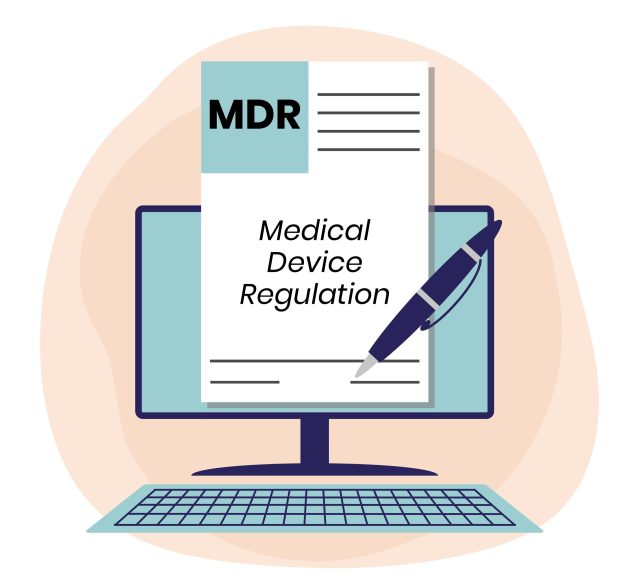 Illustration of "Medical Device Regulation" document on computer screen with pen.