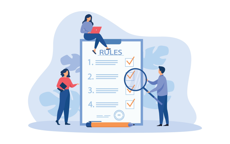 Illustration of people examining "RULES" checklist with magnifying glass, blue tones.