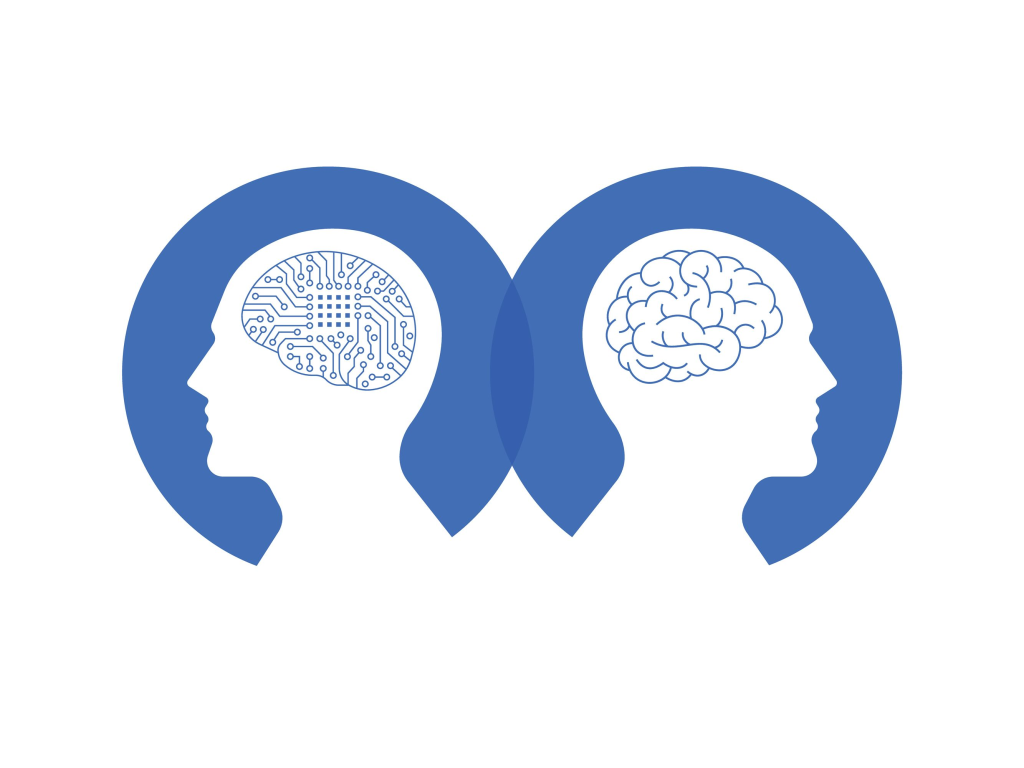 Two silhouettes with circuit and brain designs, blue and white illustration.