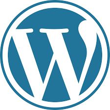 Blue and white WordPress logo with stylized "W" in circular design.