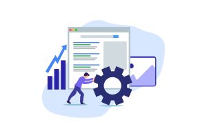 Illustration of person pushing gear, blue charts, website interface, no text.