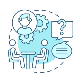 Two figures discussing at a table, blue line illustration with gears.