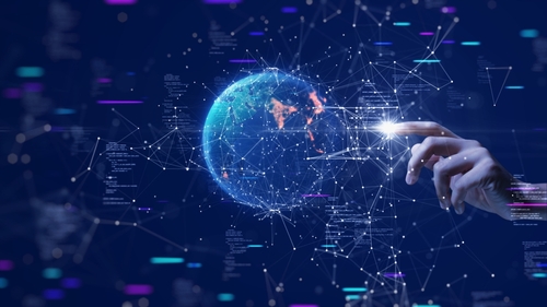 Hand touching digital Earth with glowing network lines, blue background, illustration.