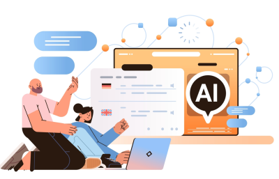 Illustration of two people discussing AI, with laptops and speech bubbles.