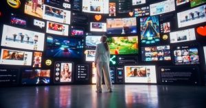 Woman stands surrounded by colorful digital screens displaying various social media content.