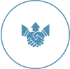Blue handshake icon with upward arrow, centered on white circular background.