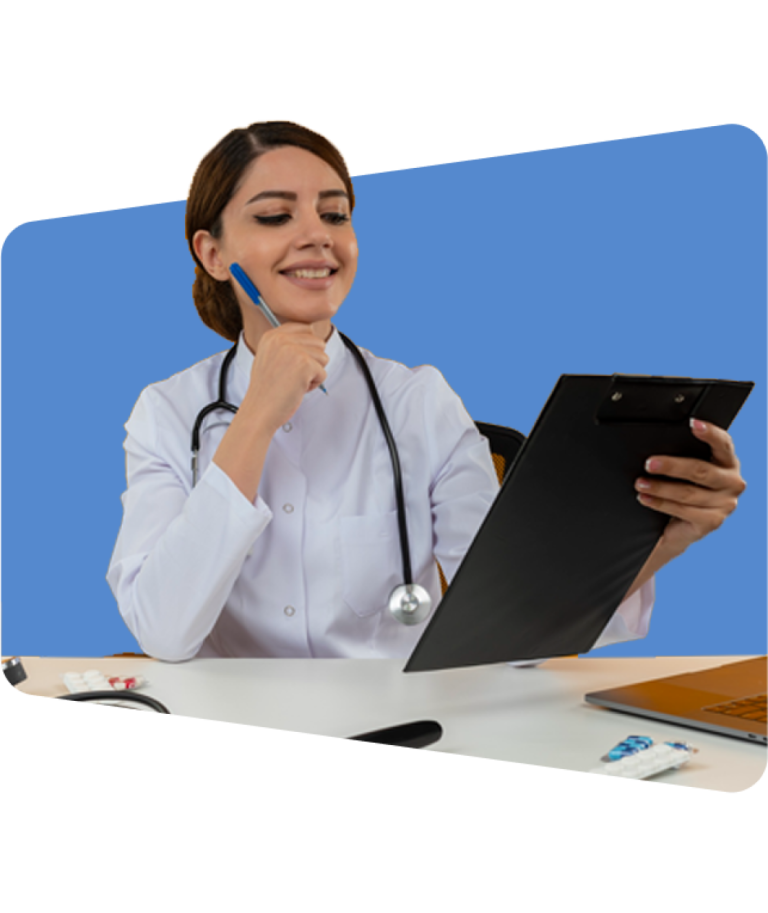 Doctor in white coat smiling, holding clipboard, against blue background, photo.
