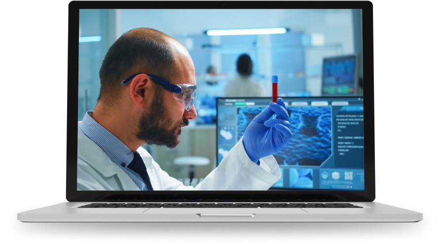 Scientist examines test tube on laptop screen, wearing blue gloves, laboratory setting.