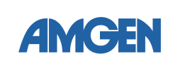 Blue "AMGEN" logo on white background, bold sans-serif font style.