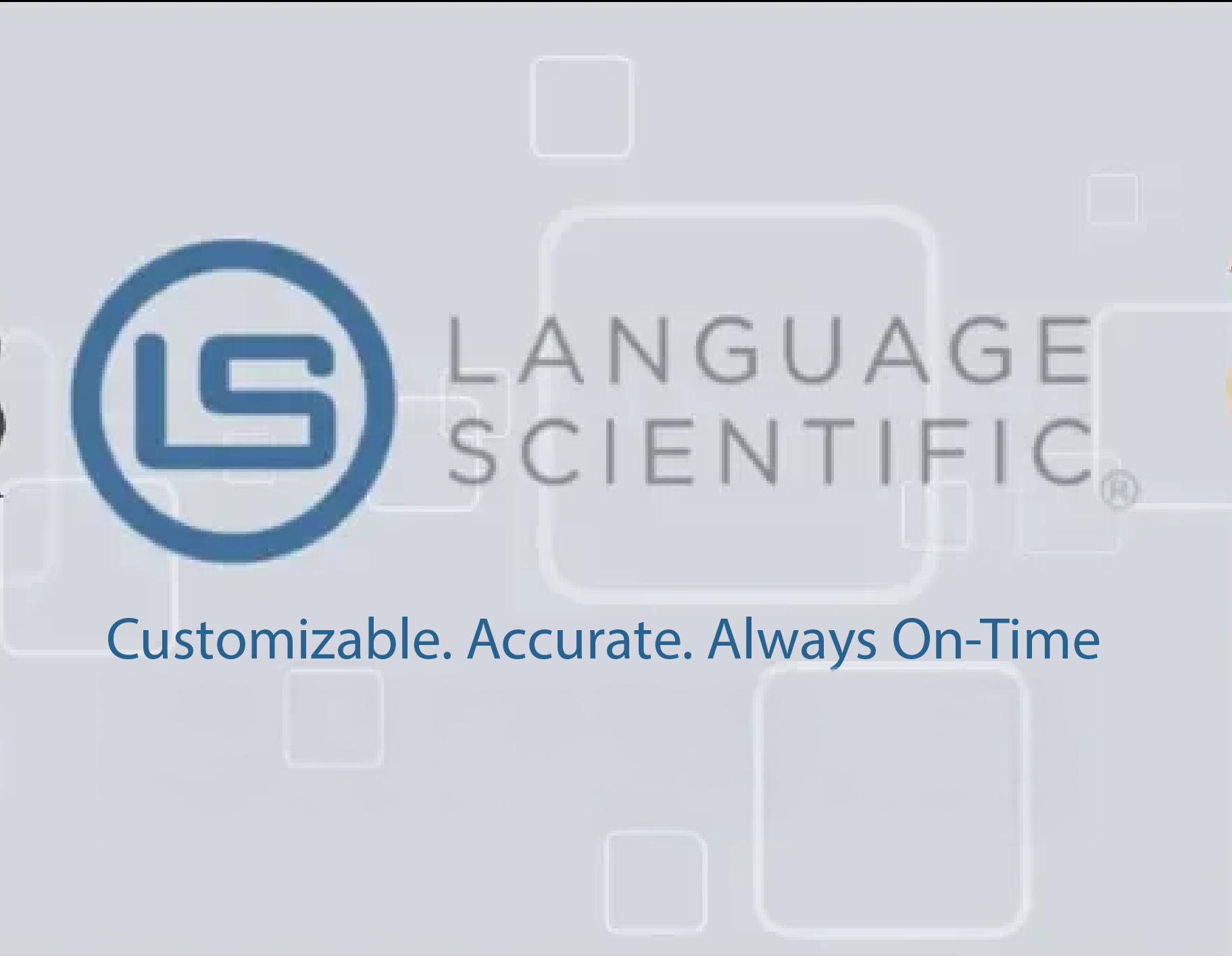 Blue "LS" logo with "LANGUAGE SCIENTIFIC" text, geometric background, promotional message.