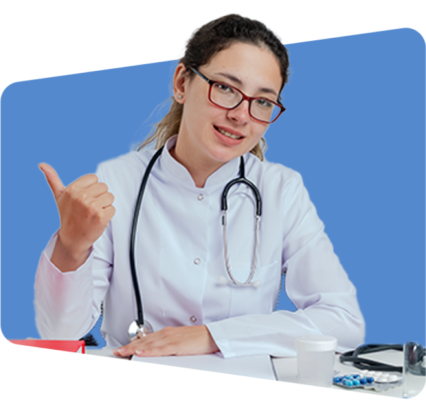 Doctor in white coat giving thumbs up, blue background, photo style.