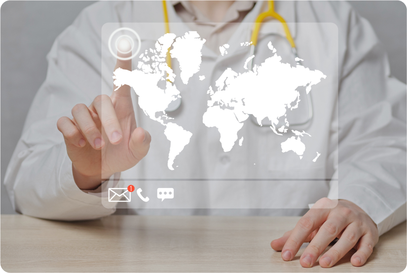 Doctor interacts with digital world map interface, wearing white coat, stethoscope.