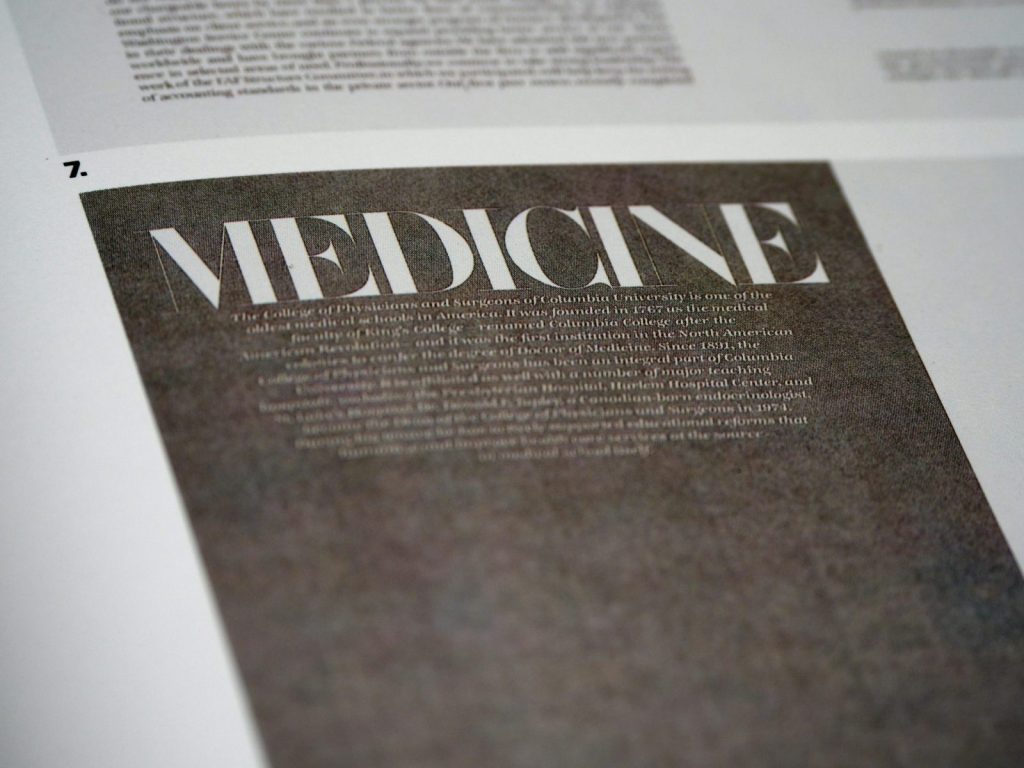 Magazine page featuring bold "MEDICINE" text, grayscale, close-up photograph.