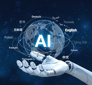 Robot hand holding digital globe with "AI" text, surrounded by languages.