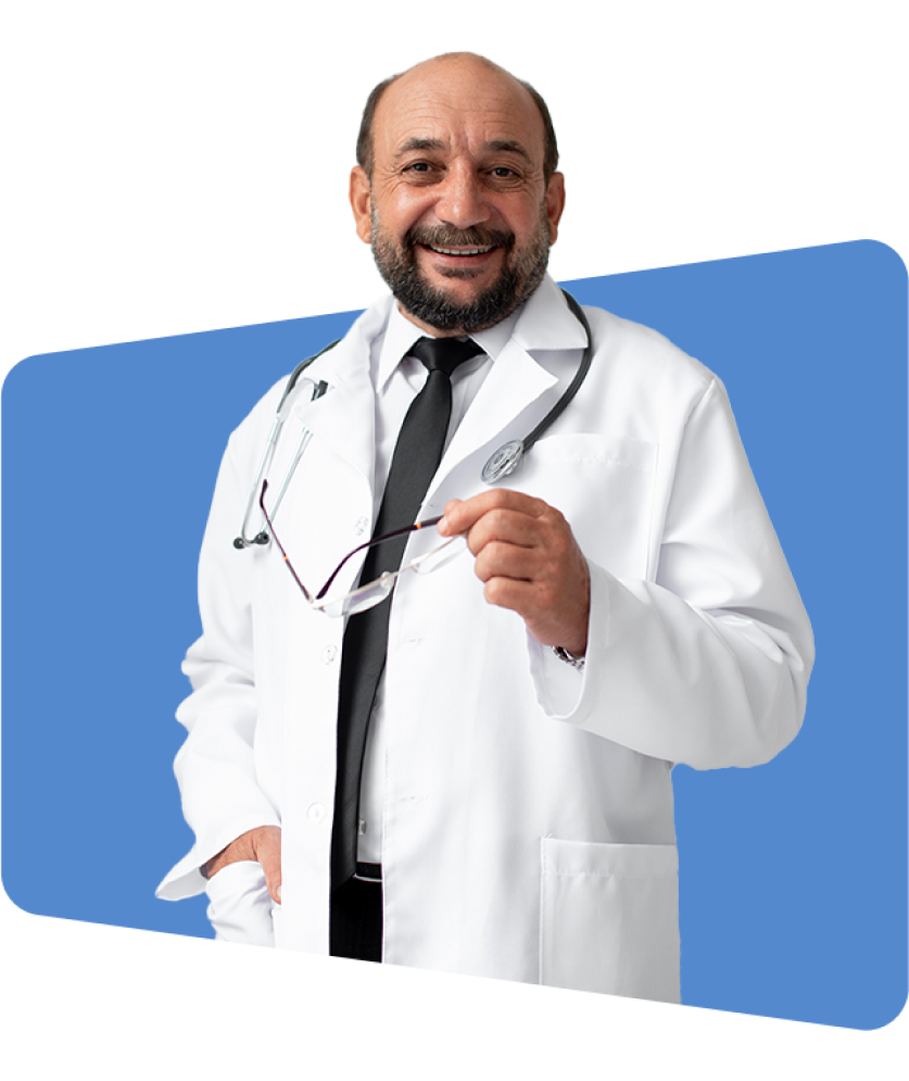 Smiling doctor holding glasses, wearing white coat, blue background, photo style.