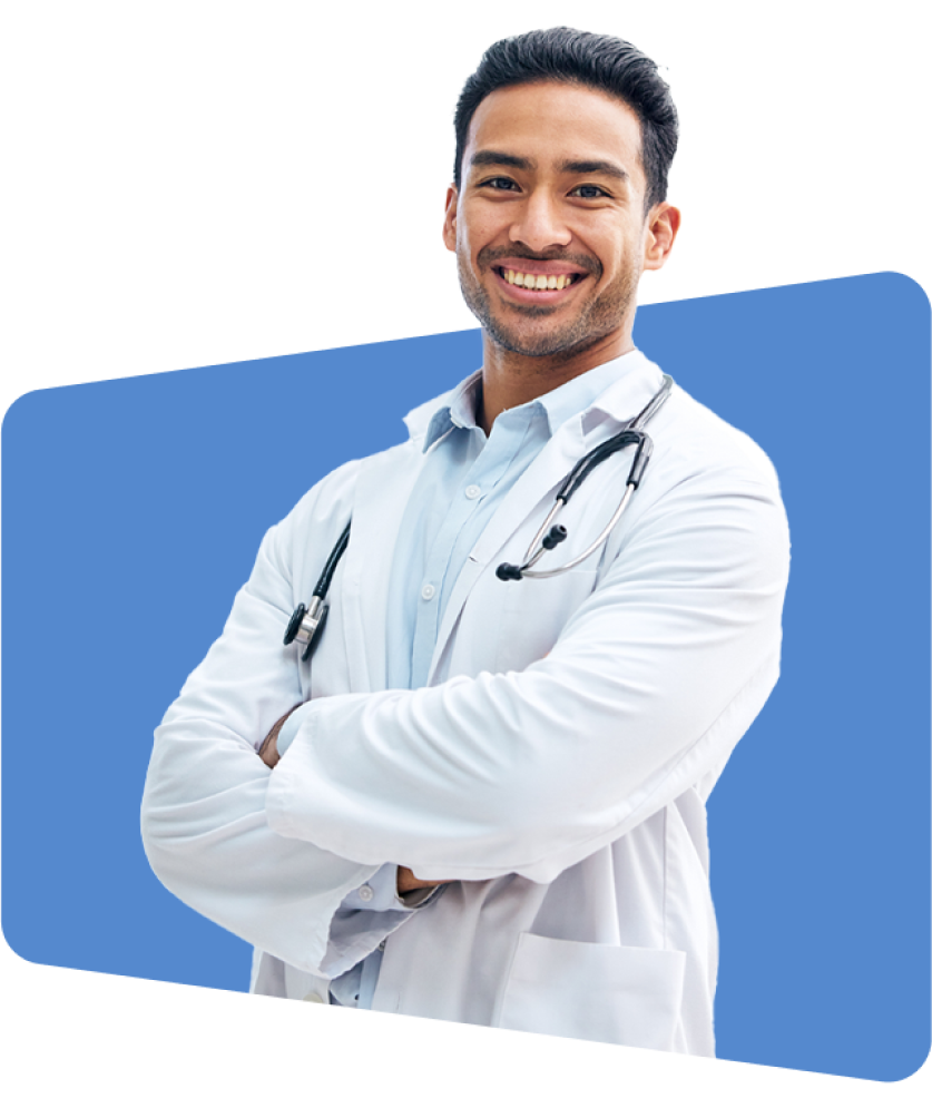 Smiling doctor with stethoscope, arms crossed, blue background, digital photo.