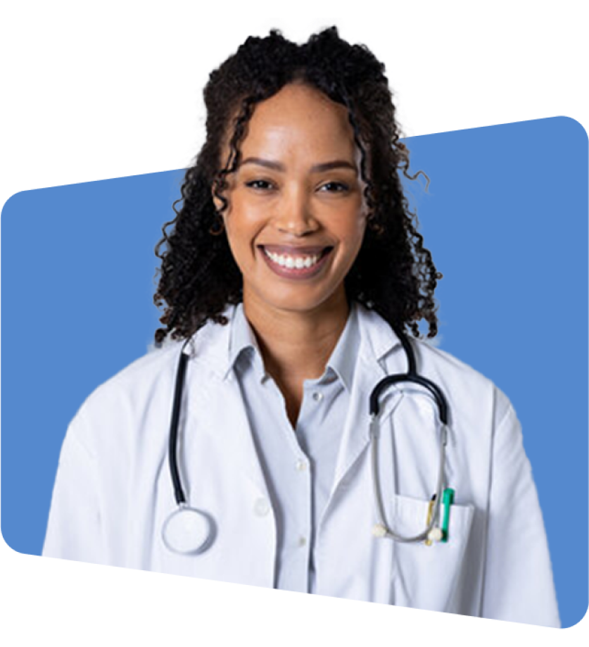 Smiling doctor with stethoscope, wearing white coat, blue background, photo.