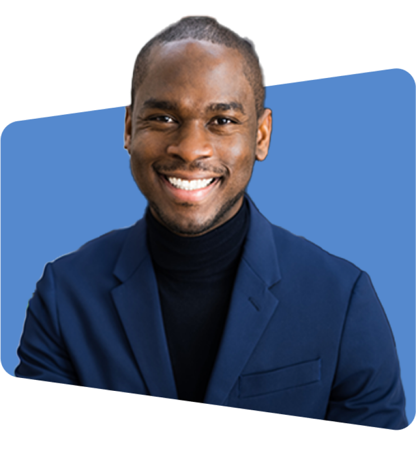 Smiling man in blue suit against blue background, photo style, no text.