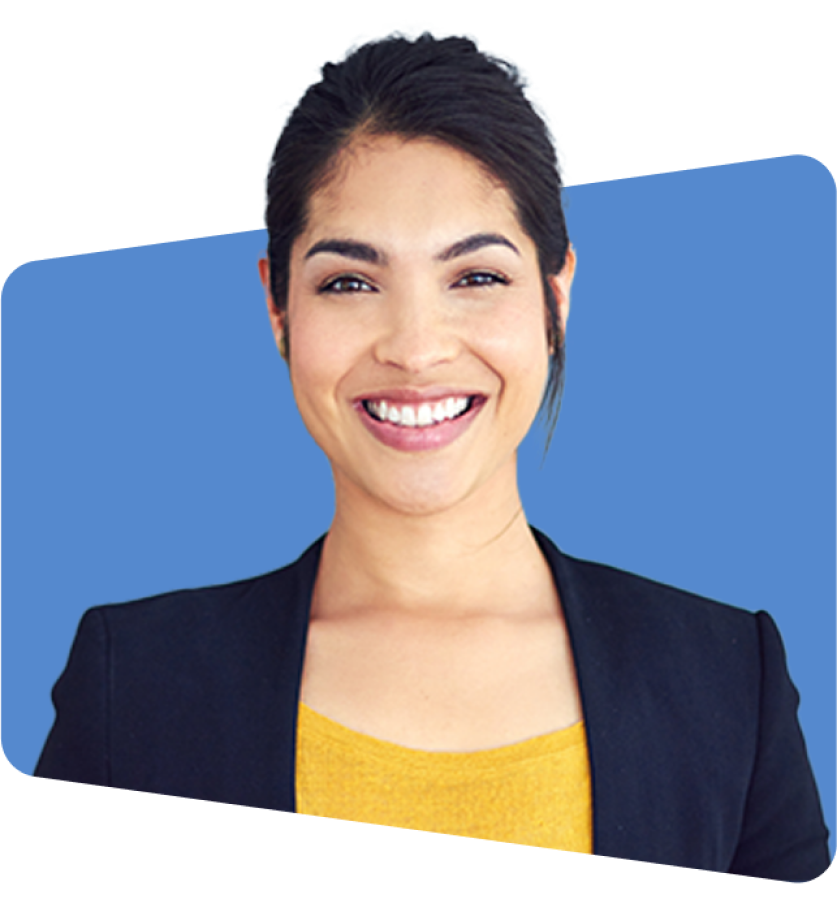 Smiling woman in yellow shirt and black blazer, blue background, photo.