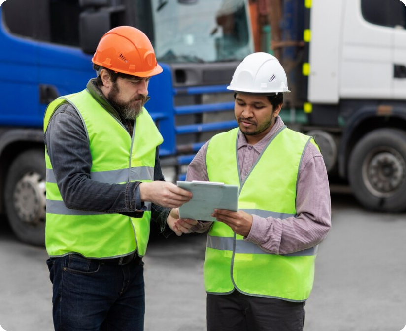 Two construction workers in safety vests review a document near trucks.