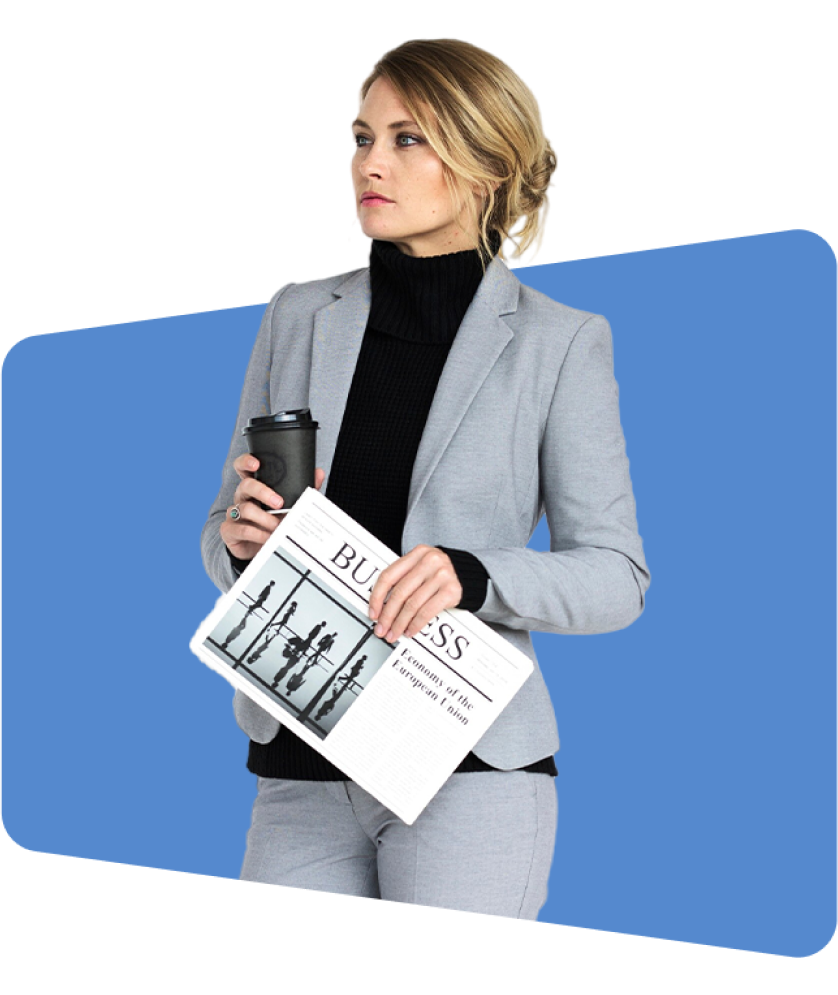 Woman holding coffee and newspaper, wearing gray suit, blue background, "BUSINESS" visible.