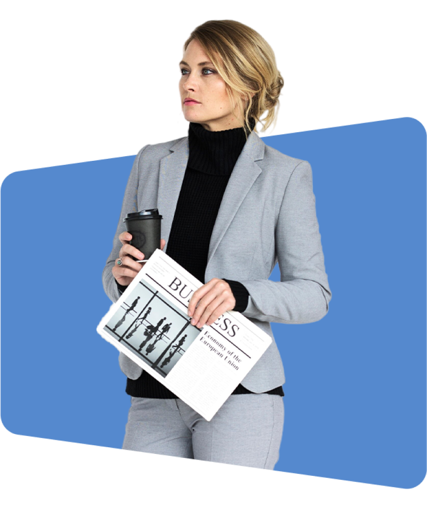 Woman in gray suit holding coffee and newspaper, with "BUSINESS" headline.