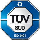 Blue and silver TÜV SÜD logo featuring "ISO 9001" certification text.