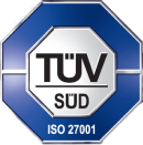 Blue and silver TÜV SÜD logo with "ISO 27001" text, digital illustration.