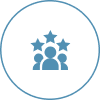 Blue icon with three people and stars, circular border, no text.