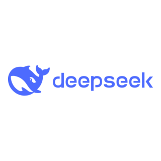 Blue whale logo with "deepseek" text, digital illustration on white background.