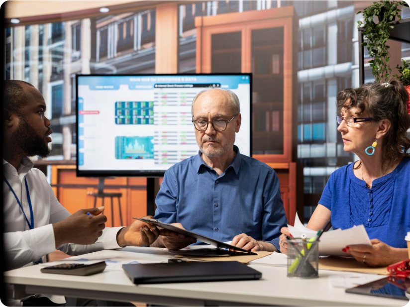 Three people discussing documents at a table, with data screen background.