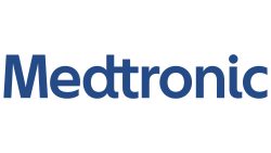 Blue "Medtronic" text logo on white background, simple graphic design.