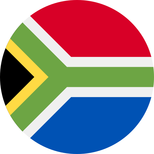 Circular illustration of South African flag with red, green, blue, and yellow colors.