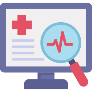 Computer screen illustration with red cross, magnifying glass, and heartbeat line.