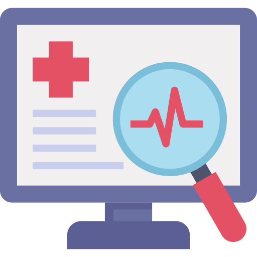 Computer screen illustration with red cross, magnifying glass, and heartbeat line.