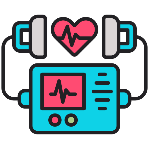 Illustration of a defibrillator with heart icon, featuring teal and pink colors.