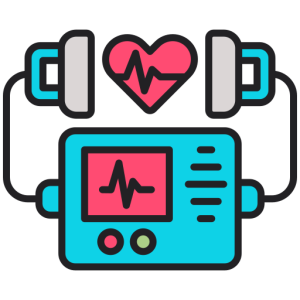 Illustration of a defibrillator with heart monitor, blue and pink colors.
